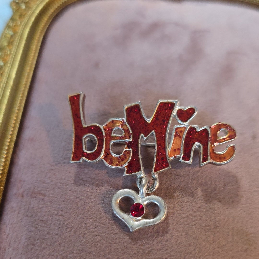 Vintage Ajmc Red 'Be Mine' Brooch With Heart Charm